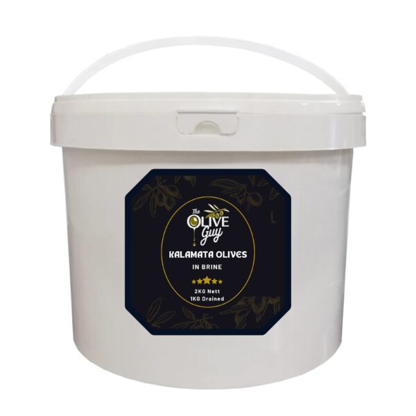 2kg Nett. 1Kg Drained Kalamata Olives in Brine Bucket